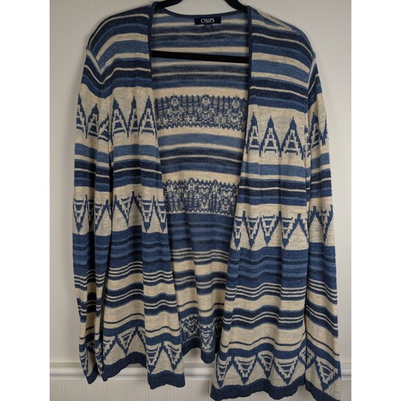 Chaps Ralph Lauren Sweater Womens XL Blue Ivory Southwest Boho Open Cardigan - Picture 1 of 8